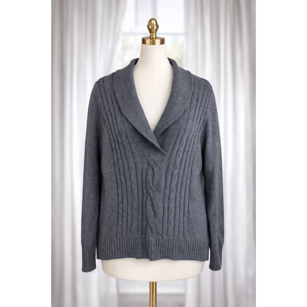 Eddie Bauer Sweater‎ Gray Cable Knit Shawl Collar Fisherman Chunky Knit Size M